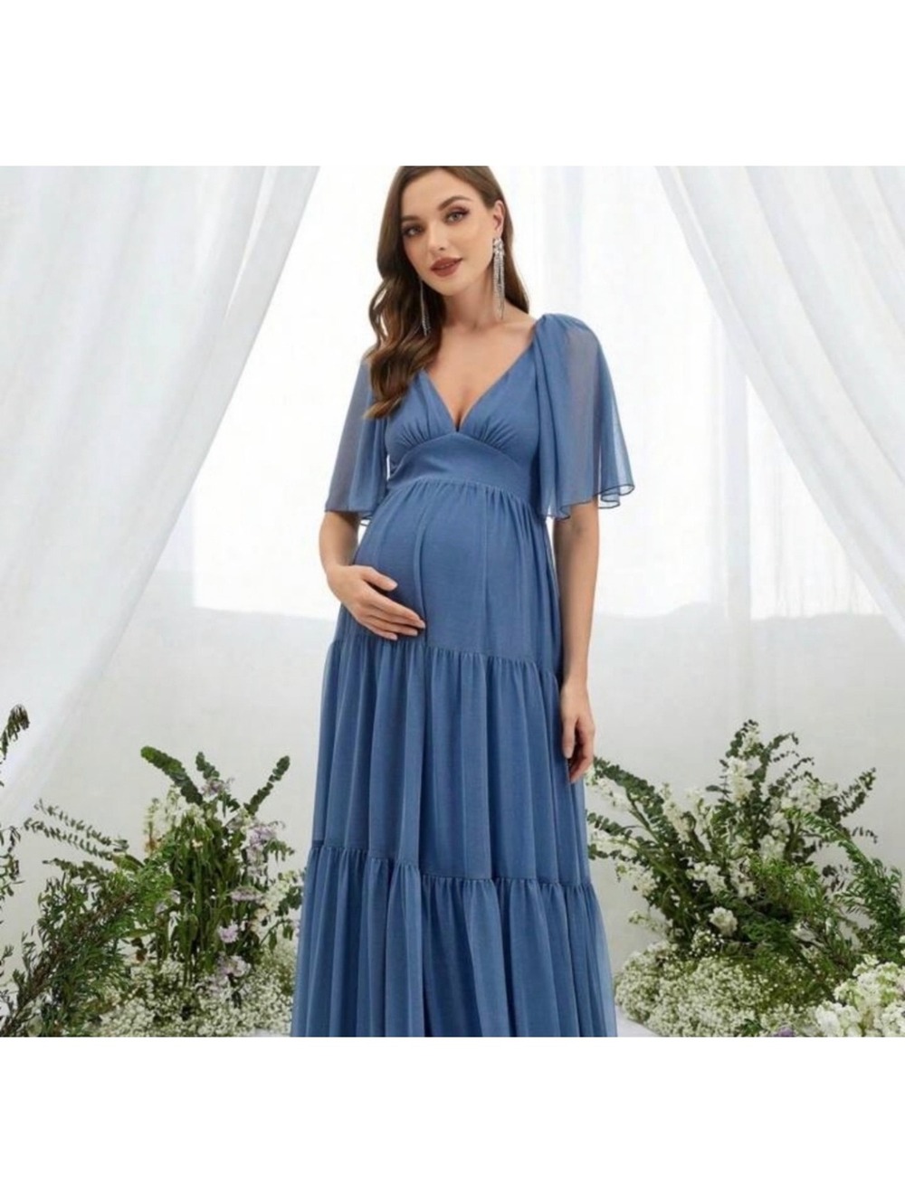 Women’s Maternity Plunging Neck Blue Shimmer Flutter Sleeves Gown Dress XL